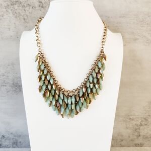 Green Gold Glass Bead 3 Row Layered Bib Dangle Boho Necklace